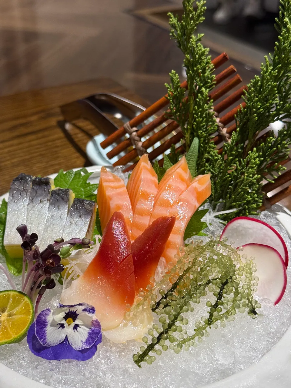 Đĩa sashimi tại Sushi Haru với cá hồi, cá trắng, rong nho và chanh trên đá